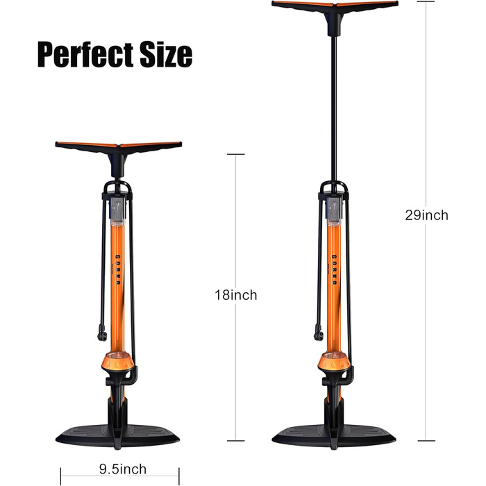 Насос для велосипеда GOBKO з манометром, 160 PSI, 11 Bar, для шосе, MTB, спортивних м'ячів, помаранчевий