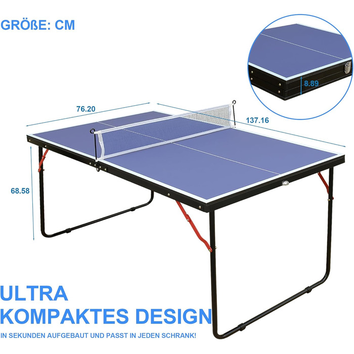 Стіл для пінг-понгу Muenfly з сіткою та набором ракеток – Outdoor/Indoor, складаний, з 2 ракетками та м'ячами, стабільний дизайн, синя ігрова поверхня, простий монтаж для дітей та дорослих