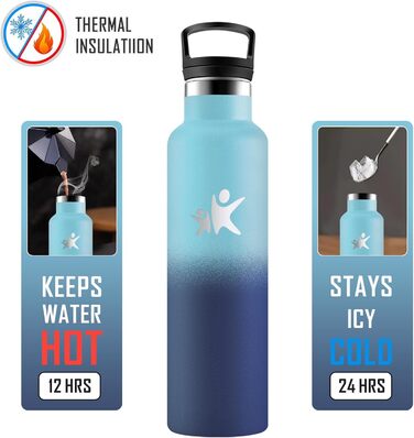 Термос-пляшка KollyKolla 750 мл, пляшка для води з содовою, витокозахисна, з трубочкою, без BPA, подвійні стінки, вакуумна ізоляція, для школи, подорожей, кемпінгу, блакитний + темно-блакитний