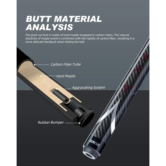 CRICAL Більярдний кий з карбонового волокна, 147,3 см, професійний, з'єднання 3/8 x 8, наконечник 12,5 мм (COWCUE-02 Set)
