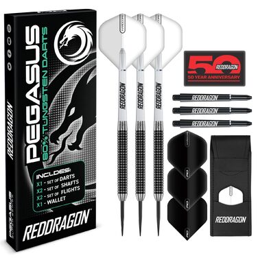 Дарти RED DRAGON Pegasus Profi 80% Tungsten 21/23/25/26/28/30г - набір сталевих дротиків з пір'ям, стеблами та кейсом
