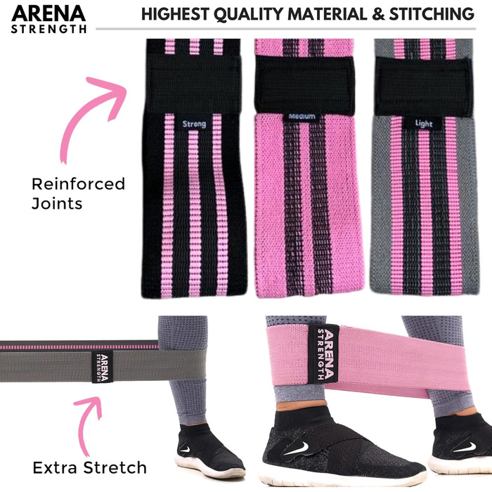 Стрічки для фітнесу Arena Strength Fabric Booty Bands для стегон та сідниць | Стрічки опору для ніг та сідниць | Збірник вправ та чохол (Легкі, Середні, Важкі)
