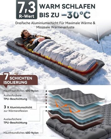 Килимок для кемпінгу HIKENTURE R-Wert 7.3 з ножною помпою, 10 см товщини, 210x64 см, 4 пори року, для туризму та наметів