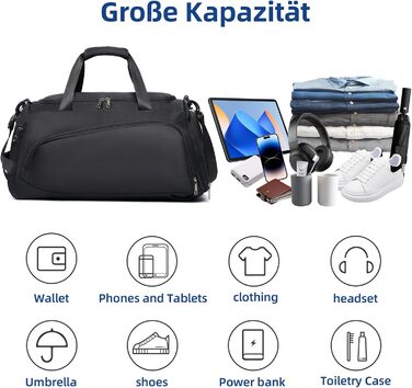 Спортивна сумка-рюкзак для чоловіків та жінок - містка дорожня/тренувальна сумка з відділенням для взуття та мокрих речей, 50 x 28 x 25 см, чорна