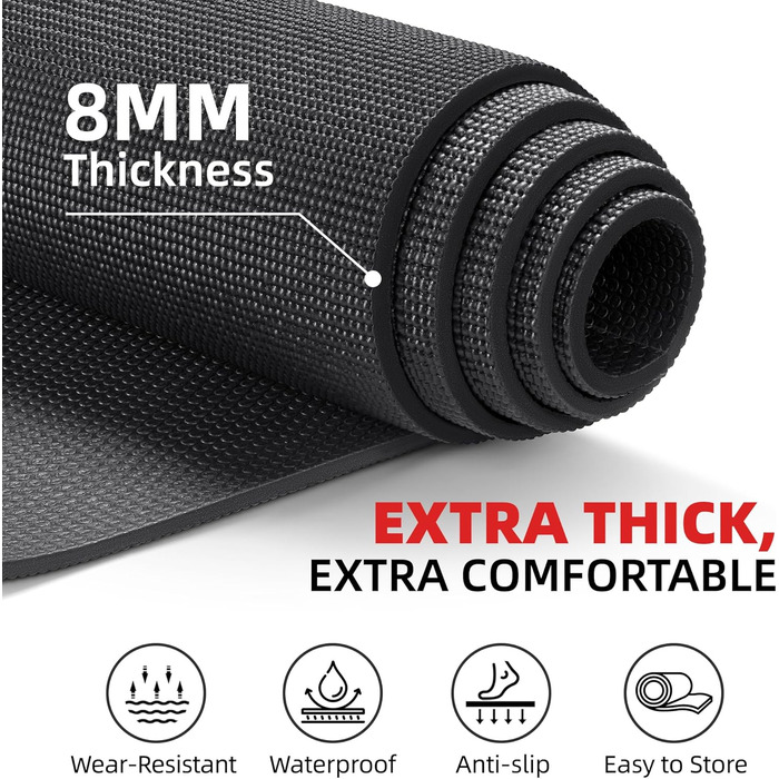 Фітнес-мат GymCope XXL, нековзкий, 183x122 см, 8 мм, PVC, чорний – килимок для йоги, пілатесу та гімнастики, зносостійкий, для спорту вдома та в залі