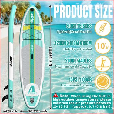 Надувний SUP-борд ALLPICK Premium Set: Комплектація для веслування, камера, аксесуари, регульоване весло (200 кг, свіжий м'ятний)