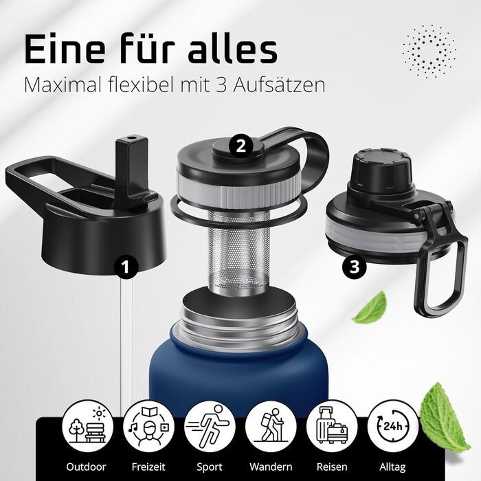 Фляга для води ACTIVE FLASK з соломкою (3 кришки) 950 мл, нержавіюча сталь, BPA-free, без витоку, для напоїв з газом, ізольована, спортивна, дитяча, синій Navy Blue