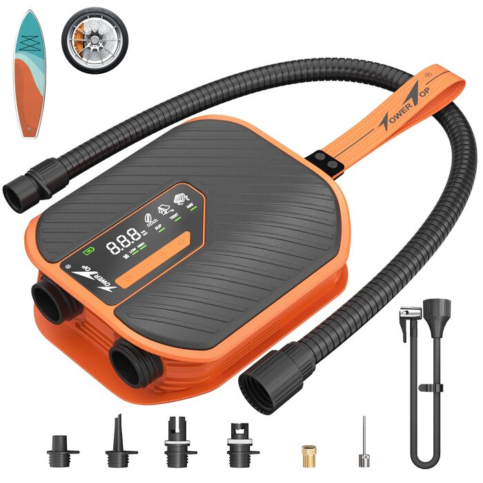 Електрична SUP-насос TowerTop 10500mAh з акумулятором 50PSI, 8 насадок, HD-LCD дисплеєм для SUP, човнів, авто. Двоступеневий насос з охолодженням