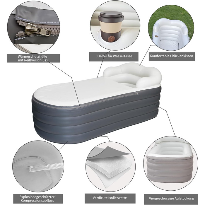 B&Y Овальне ванно-контейнер для крижаної терапії, складана ванна для дорослих, 168x76x68 см, темно-сірий