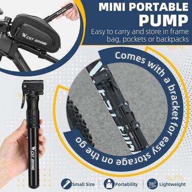 Міні насос для велосипеда West Biking - алюмінієвий, універсальний, портативний, для MTB, шосе, м'ячів