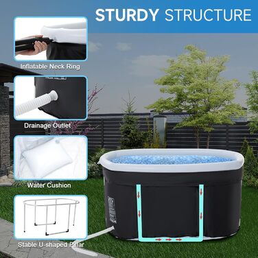 Еліптична ванна для льодяного душу з кришкою, складана ванна KISKVV для дорослих, ізольована ємність для льодяної терапії (115x55x57 см)