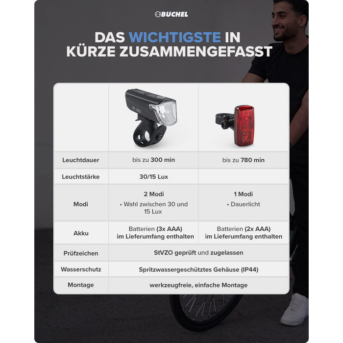 Фари для велосипеда Büchel BL 300 I StVZO (Німеччина) I До 13 годин роботи I 30/15 LUX I З батарейками I Чорний
