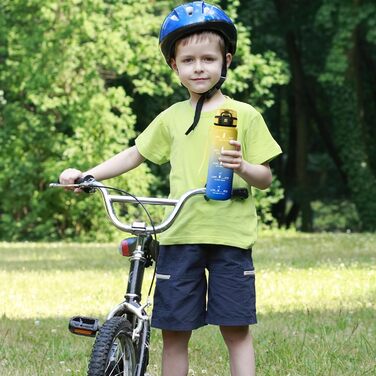 Спортивна пляшка для води 1л з маркуванням часу, фільтром, для напоїв з газом, без витоку, для велосипеда, бігу, дорослих (жовто-королівсько-блакитна)