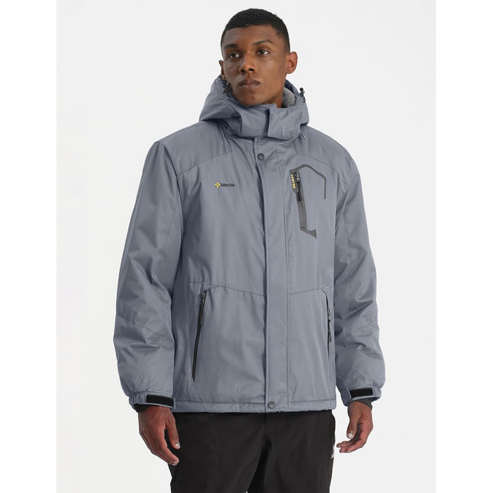 Чоловіча тепла зимова куртка GEMYSE для катання на лижах, вітро- та водонепроникна, дихаюча, з багатьма кишенями, з капюшоном (Сірий, M)