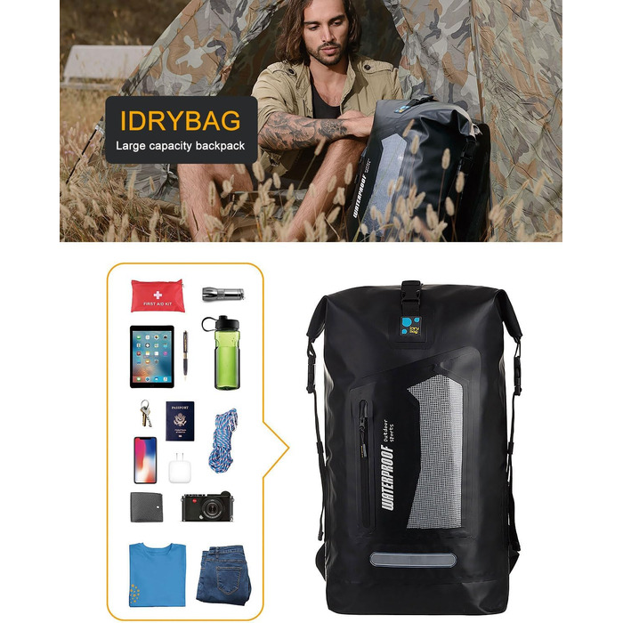 Водонепроникний рюкзак IDRYBAG Dry Bag 30L: сухий, плаваючий, для подорожей, каякінгу, чорний
