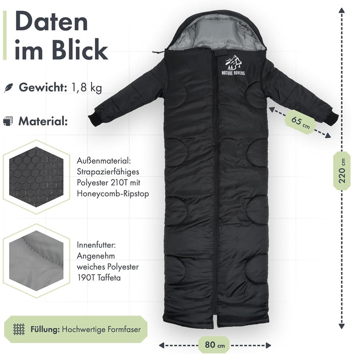 Спальний мішок з рукавами Nature Rovers – дорослий, для кемпінгу та відпочинку на природі (3 сезони), водонепроникний, з отворами для ніг, включає подушку, чорний
