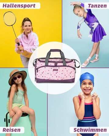 Дитяча спортивна сумка Kinder Sporttasche 25 л для дівчаток - рожево-фіолетовий принт, з відділенням для взуття та мокрих речей, регульований плечовий ремінь