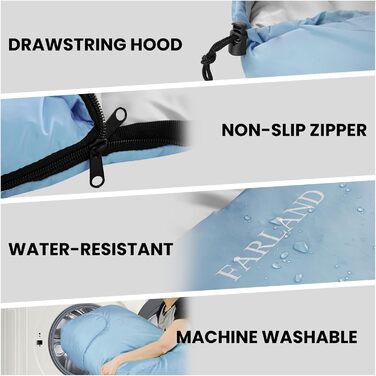 Спальний мішок FARLAND для дорослих, підлітків та дітей, до +6.7°C, 3-4 сезони, водонепроникний, з компресійним мішком, для кемпінгу, походів та рюкзаків, розмір Medium (87'x 29.5'), колір блакитний (R Zip)