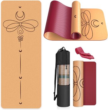 Килимок для йоги з корку Rutschfeste Yoga Matte – Нековзний, з унікальним дизайном, з натурального каучуку TPE, для занять вдома, пілатесу, аеробіки, фітнес-студії та тренувань. Колір: бірюзовий, дизайн: Мандала (Бордо-Калібра)