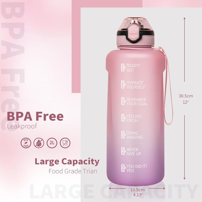 DEARRAY Спортивна пляшка 2 л Tritan з трубочкою та часовою розміткою, BPA-free, для води, мотиваційна, для фітнесу та спортзалу, рожево-фіолетова
