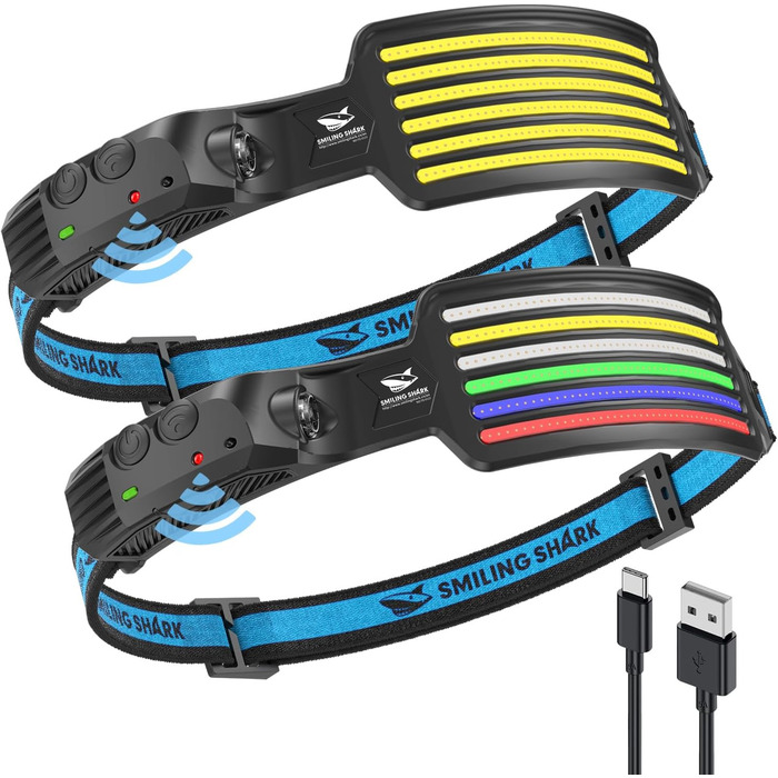 Кепка-ліхтарик Smiling Shark LED, 2 шт. Широкий кут огляду, 6 LED, білий/червоний/синій/зелений, надзвичайно яскравий, перезаряджається, водонепроникний, для кемпінгу, риболовлі, мультиколірний