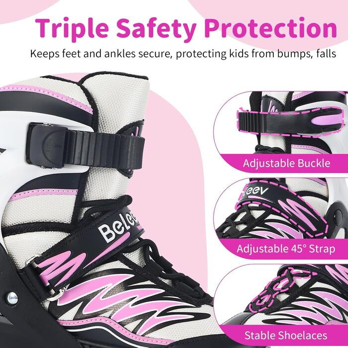 Інлайни BELEEV для дітей, підлітків та дорослих, ролики з регульованим розміром, світлодіодні шнурки та колеса, рожевий колір