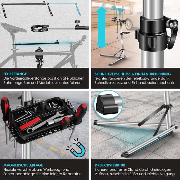 Підставка для збирання велосипедів KESSER® Profi Alu: міцна, 360° обертання, для гірських, електровелосипедів та ремонту. У комплекті сумка, ремкомплект та магнітна підставка для інструментів.