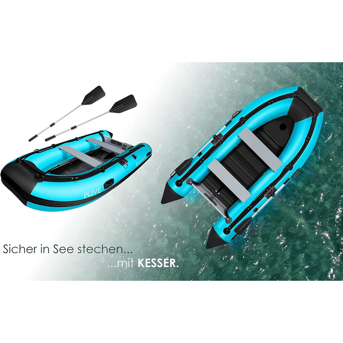 Надувне човен KESSER® 3.20 м на 4 особи - Wave Motor, для відпочинку, риболовлі, з 2 лавками, ремкомплект та сумка, блакитно-чорний PVC