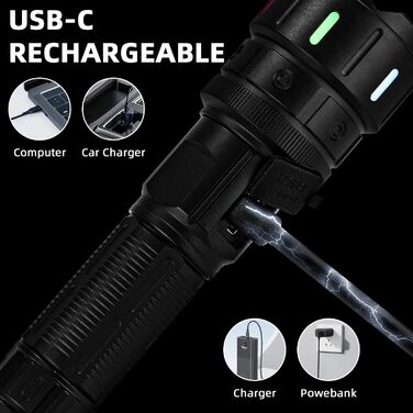 Ліхтар тактичний LED Azyvum, 1000000 люмен, Zoom, 5 режимів, водонепроникний IP67, для кемпінгу, риболовлі, туризму, надзвичайних ситуацій (чорний)