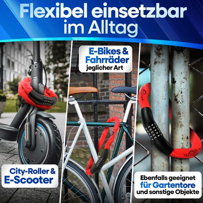 NEXTCOVER® Замок для велосипеда LockPro з кодовим замком - Оригінал - [SAFESECURE] Висока безпека | 5-значний код, сталевий замок для велосипеда, замок для електровелосипеда, ланцюговий замок, червоний