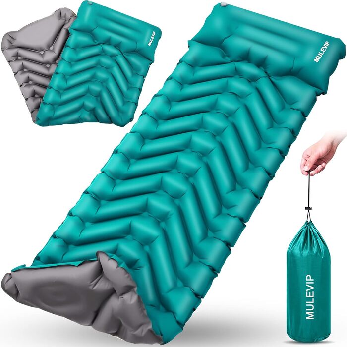 MULEVIP Килимок для кемпінгу з самонадувною подушкою, самонадувний килимок для кемпінгу з помпою для ніг, потовщений, водонепроникний, складаний, для піших прогулянок, подорожей, кемпінгу та пляжу