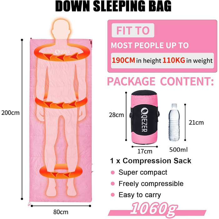 Пуховий спальний мішок Ultraleicht, компактний, для кемпінгу та трекінгу, 3-4 сезони, Outdoor/Indoor (Рожевий)