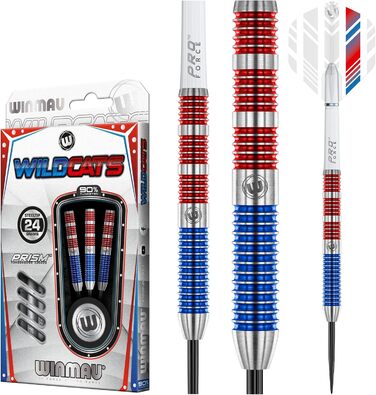 Дротики для дартсу WINMAU Wildcats 90% вольфраму 24 г з оперенням і стрижнями, призматична технологія, зважені для змагань