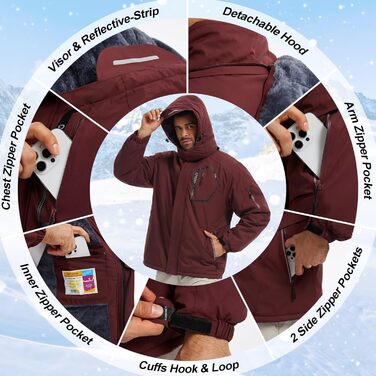 Чоловіча лижна куртка QPNGRP, водонепроникна, ізольована, зимова, 5 кишень на блискавці (XXL, Бордовий)