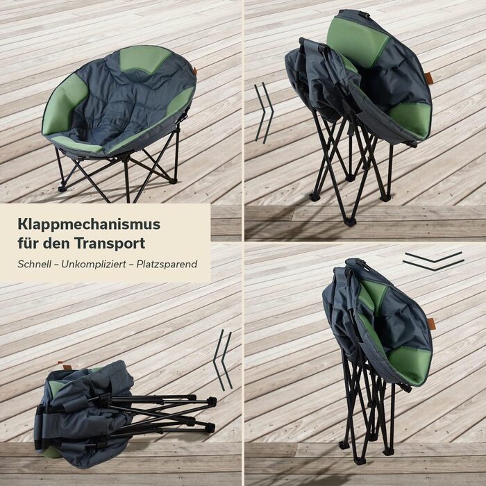 Крісло-місяць Skandika Moonchair XXL: великий розкладний кемпінговий стілець з підкладкою, сумкою для перенесення та антиковзаючими ніжками, до 150 кг, сіро-зелений