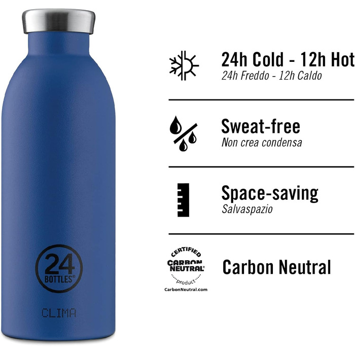 Термос 24Bottles Clima 500 мл, екологічна сталева пляшка, герметична, зберігає тепло 12 годин і холод 24 години, Brushed Steel