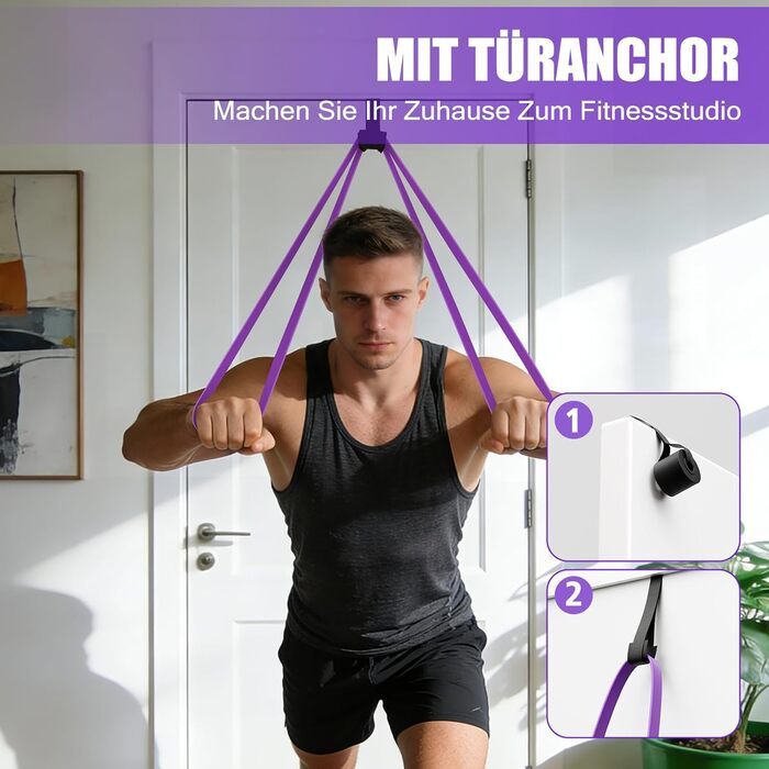 Набір гумових еспандерів Fokky Fitness для фітнесу (5 рівнів) з анкером для дверей, інструкцією та сумкою для силових тренувань, розтяжки, кросфіту - жовтий, червоний, синій, фіолетовий, чорний