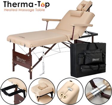 Складний масажний стіл Master Massage з підігрівом, регульована спинка, шкіра/дерево, 71 см, бежевий, для салону та косметології