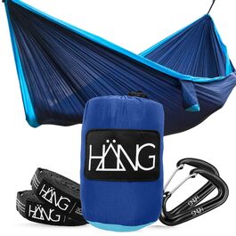 Гамак HÄNG XXL 300x170 см для 2 осіб - вуличний, водостійкий, ультралегкий (850г), вантажопідйомність 200 кг - з парашутної тканини для кемпінгу, подорожей та саду + комплект кріплень (Navy & Blue)
