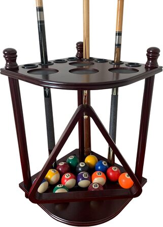 Стійка для більярдних київ GACCO BILLIARDS на 8 київ та аксесуари: кутовий тримач з масивного дерева, з тримачем для куль, з гачками (махагон)