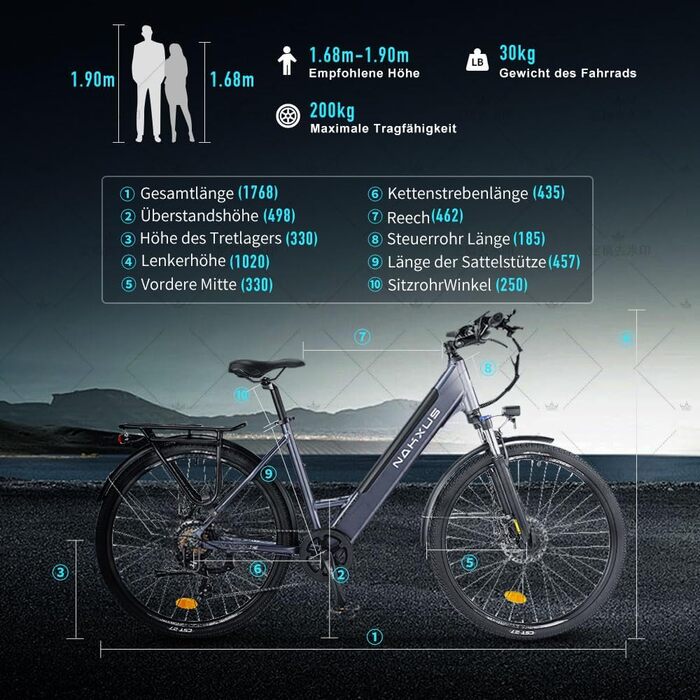 Електровелосипед Nakxus 26M208 26'' з літієвою батареєю 36В 13Аг, мотором 250W, запасом ходу до 100 км, складаний, міський трекінговий велосипед з додатком, сірий, для ЄС