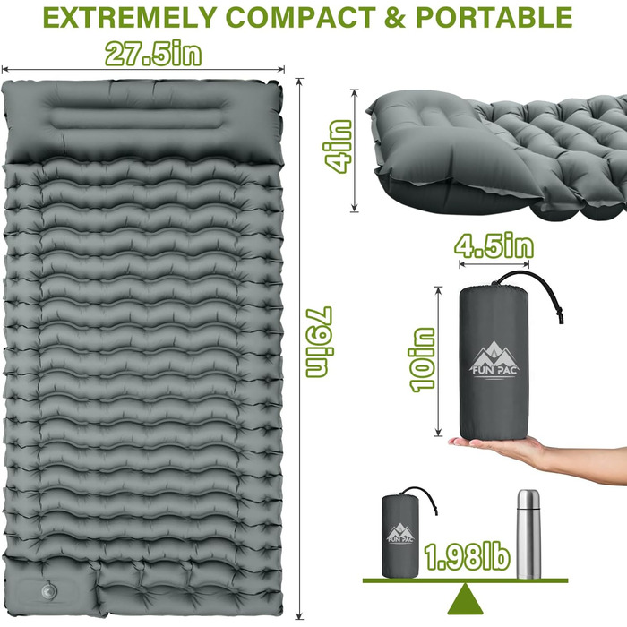Надувний килимок для кемпінгу з інтегрованою помпою та подушкою, сірий. Компактний, для подорожей, хайкінгу та кемпінгу
