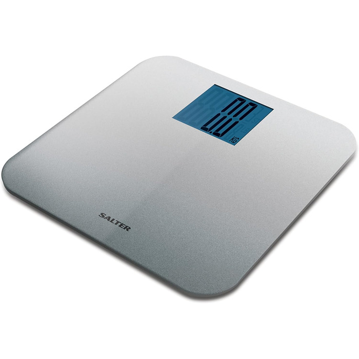 Електронна вага Salter 9075 Premium Max 250 кг, велика платформа, LCD дисплей, для ванної, підходить для твердих підлог і килимів, батарейки в комплекті, срібляста