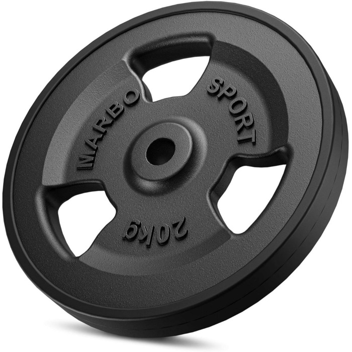 Комплект дисків Marbo Sport Tri-Grip з литого чавуну з гумовим покриттям, Ø31 мм, для штанги та гантелей, 2×10 кг і 2×20 кг