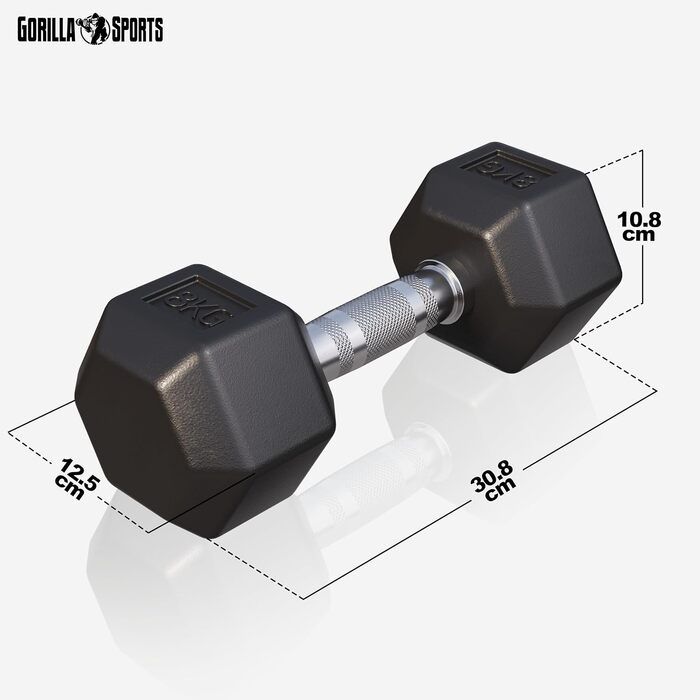 Гантелі шестигранні GORILLA SPORTS 8 кг – гумові, гантель для фітнесу, силових тренувань, рифлений хромований гриф