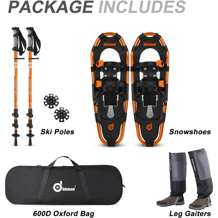 Снігоступи Odoland Allround 4 в 1 для жінок та чоловіків з трекінговими палками, водонепроникними гетрами та сумкою для перенесення, від 21 до 30 дюймів (53-76 см), помаранчевий M (63,5 см)