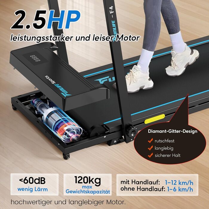 Бігова доріжка для дому складний з нахилом 7% – 2.5HP тихий двигун, подвійне керування та страхувальний трос, компактний Walking Pad для дому та офісу, для людей похилого віку, початківців та реабілітації, без збирання, 4-в-1 FunLife F4 блакитний