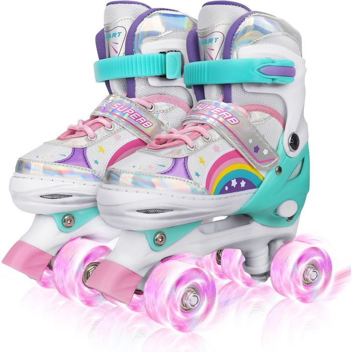 Дитячі ролики Kinder Quad Skates для дівчаток та хлопчиків, регульовані, райдужні з підсвічуванням, для дому та вулиці