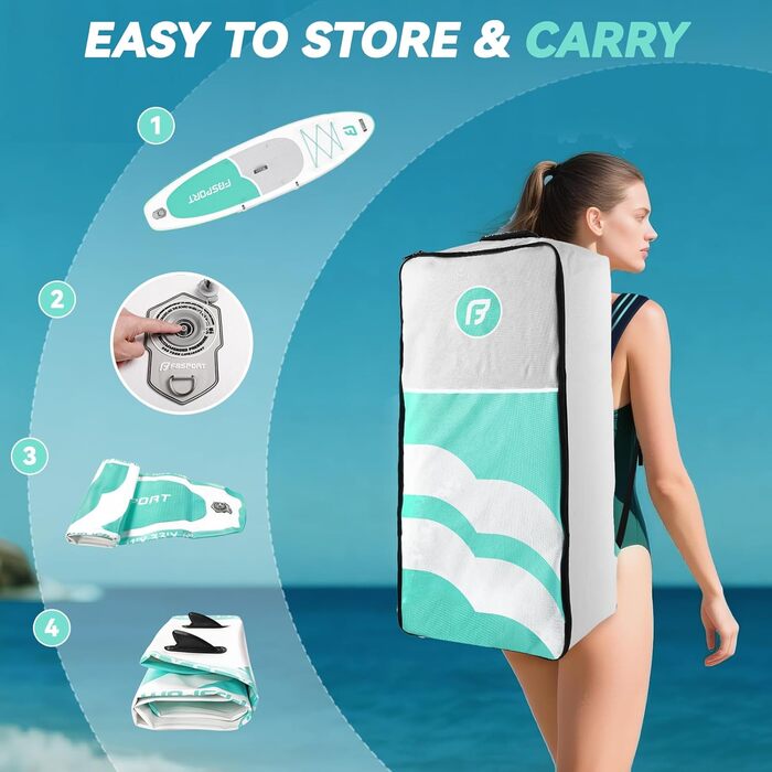FBSPORT Stand Up Paddling Board (SUP) 335см: надувний сапборд для дорослих з антиковзким покриттям, 160кг, комплект з веслом, насосом та аксесуарами для йоги, подорожей та серфінгу (м'ятний)