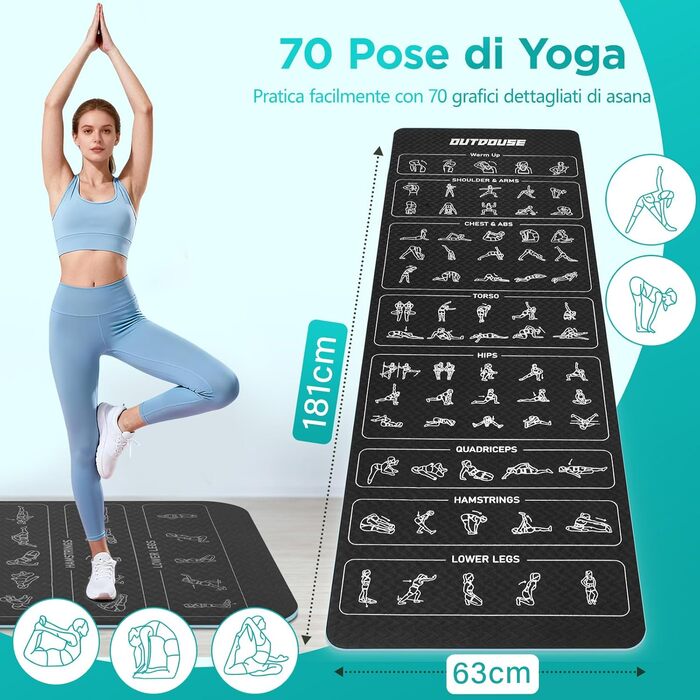 Килимок для йоги спортивний – 70 надрукованих поз, неслизький матеріал TPE, для гімнастики, пілатесу, дому та подорожей, фітнес килимок для жінок та чоловіків, 181x63x0,6 см (зелений та чорний)